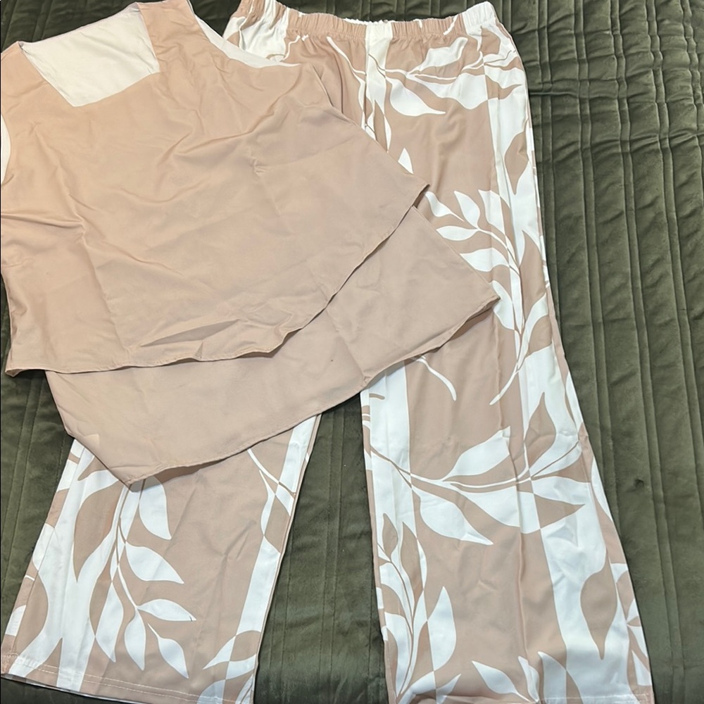 Beige and White Leaf Print Pajama Set